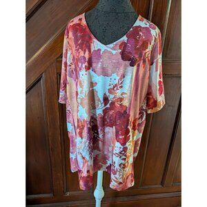 Susan Graver Weekend V-Neck Floral Print Short Sleeve Top Pink/Red XL Womens